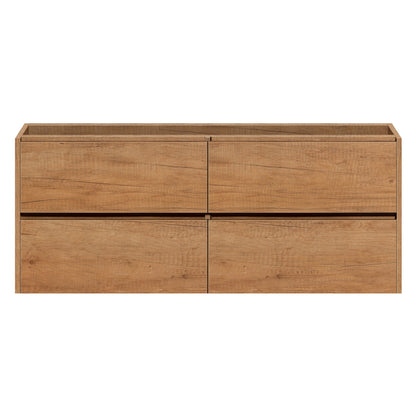 warm houtlook badkamermeubel met vier greeploze lades, geschikt voor dubbele wastafel.