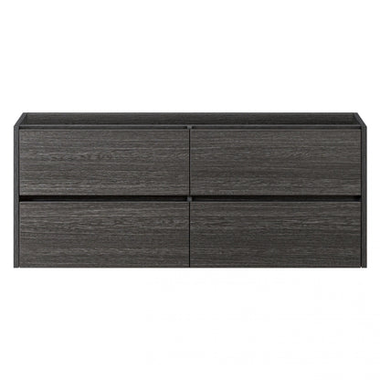 zwart houtlook badkamermeubel met vier greeploze lades, geschikt voor dubbele wastafel.