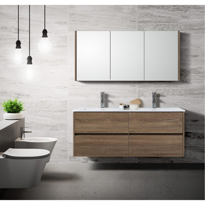 Moderne badkamer met bruin houtlook badkamermeubel, dubbele wastafel, spiegelkast en hangtoilet tegen een lichte marmeren wand met minimalistische verlichting.