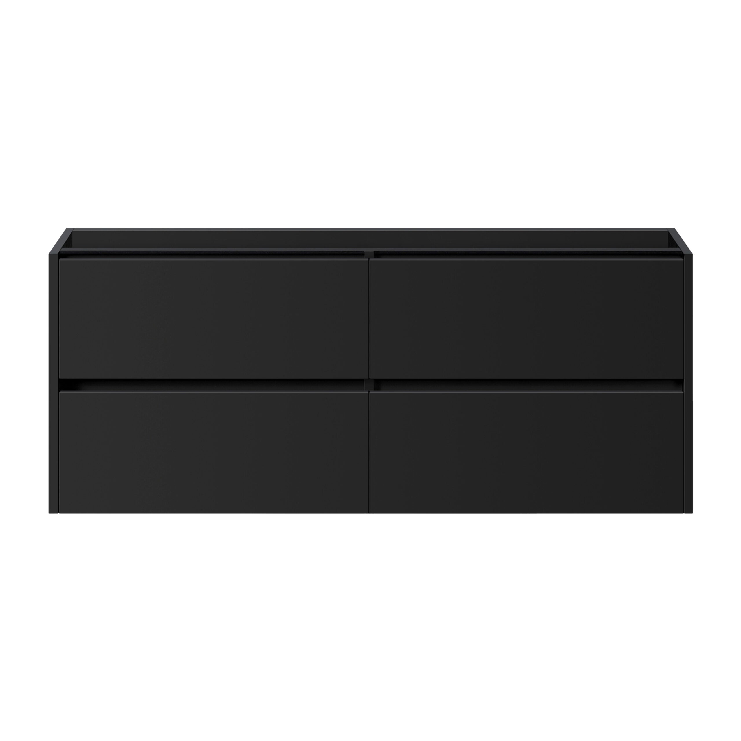 zwart badkamermeubel met vier greeploze lades, geschikt voor dubbele wastafel.