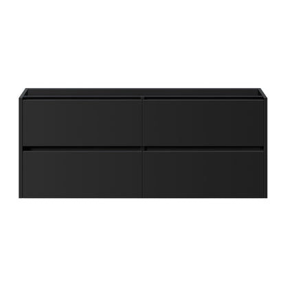 zwart badkamermeubel met vier greeploze lades, geschikt voor dubbele wastafel.