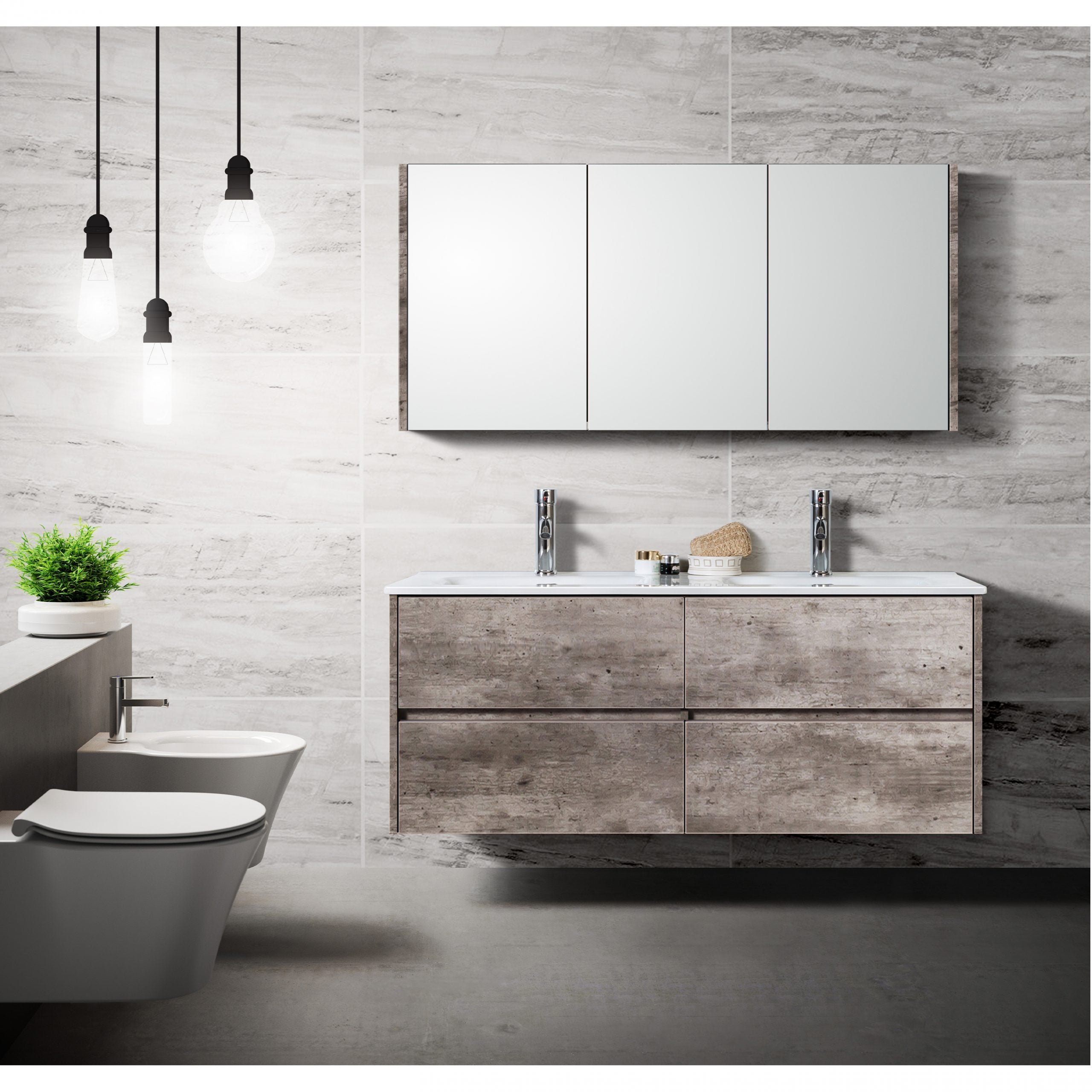 Moderne badkamer met grijs steenlook zwevend badkamermeubel, dubbele wastafel, spiegelkast en hangtoilet tegen een lichte marmeren wand met minimalistische verlichting.