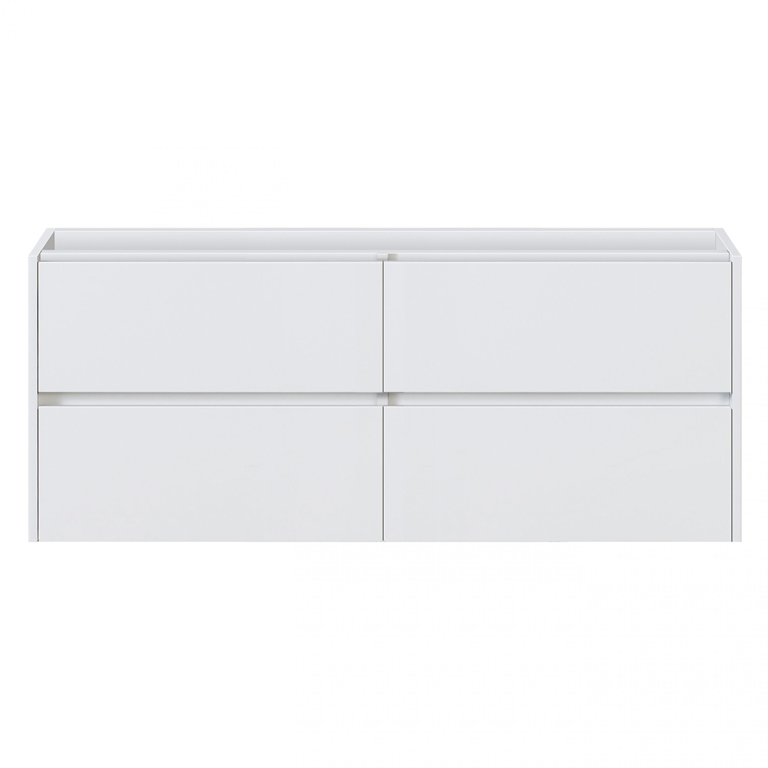 Wit badkamermeubel met vier greeploze lades, geschikt voor dubbele wastafel.