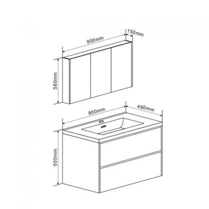 Technische tekening van een badkamermeubel met spiegelkast van 80 cm breed, inclusief afmetingen van hoogte, diepte en wastafel.