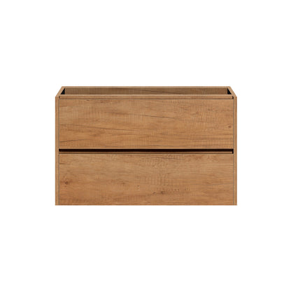 warm houtlook badkamermeubel met twee greeploze lades, geschikt voor dubbele wastafel.