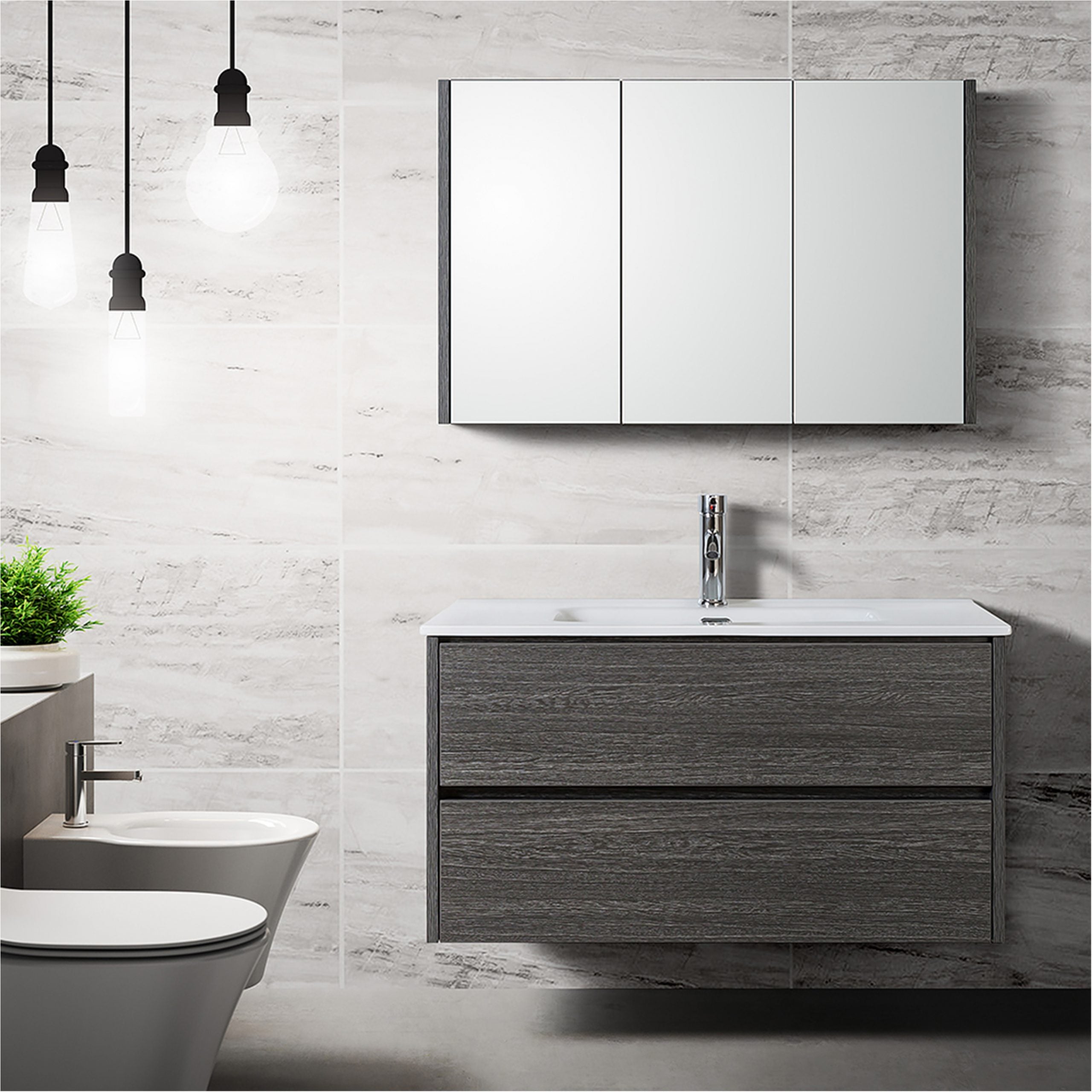Stijlvolle badkamer met zwart houtlook zwevend meubel, witte wastafel en spiegelkast tegen een lichte marmeren wand, met hangtoilet en moderne verlichting.