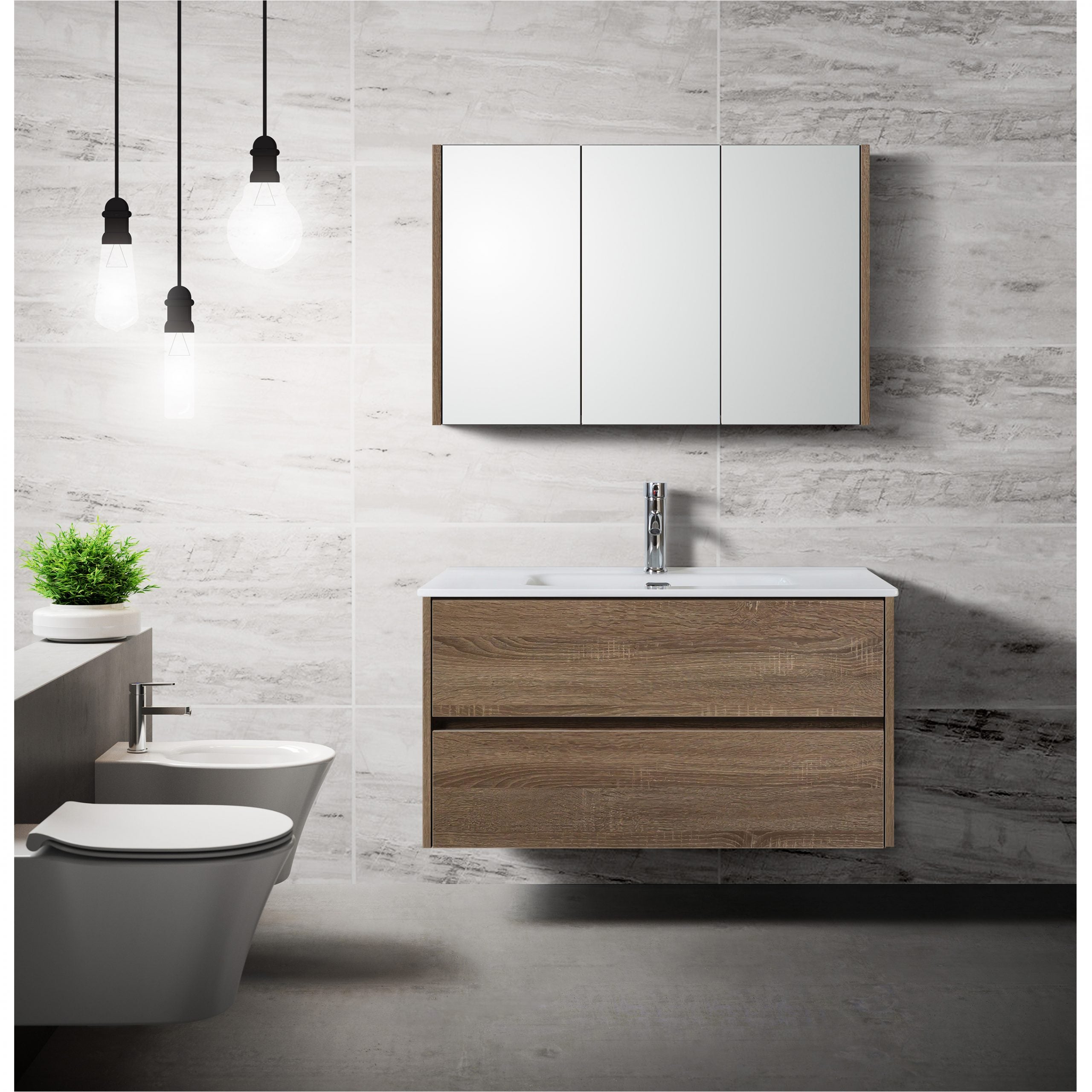 Stijlvolle badkamer met houtlook zwevend meubel, witte wastafel en spiegelkast tegen een lichte marmeren wand, met hangtoilet en moderne verlichting.