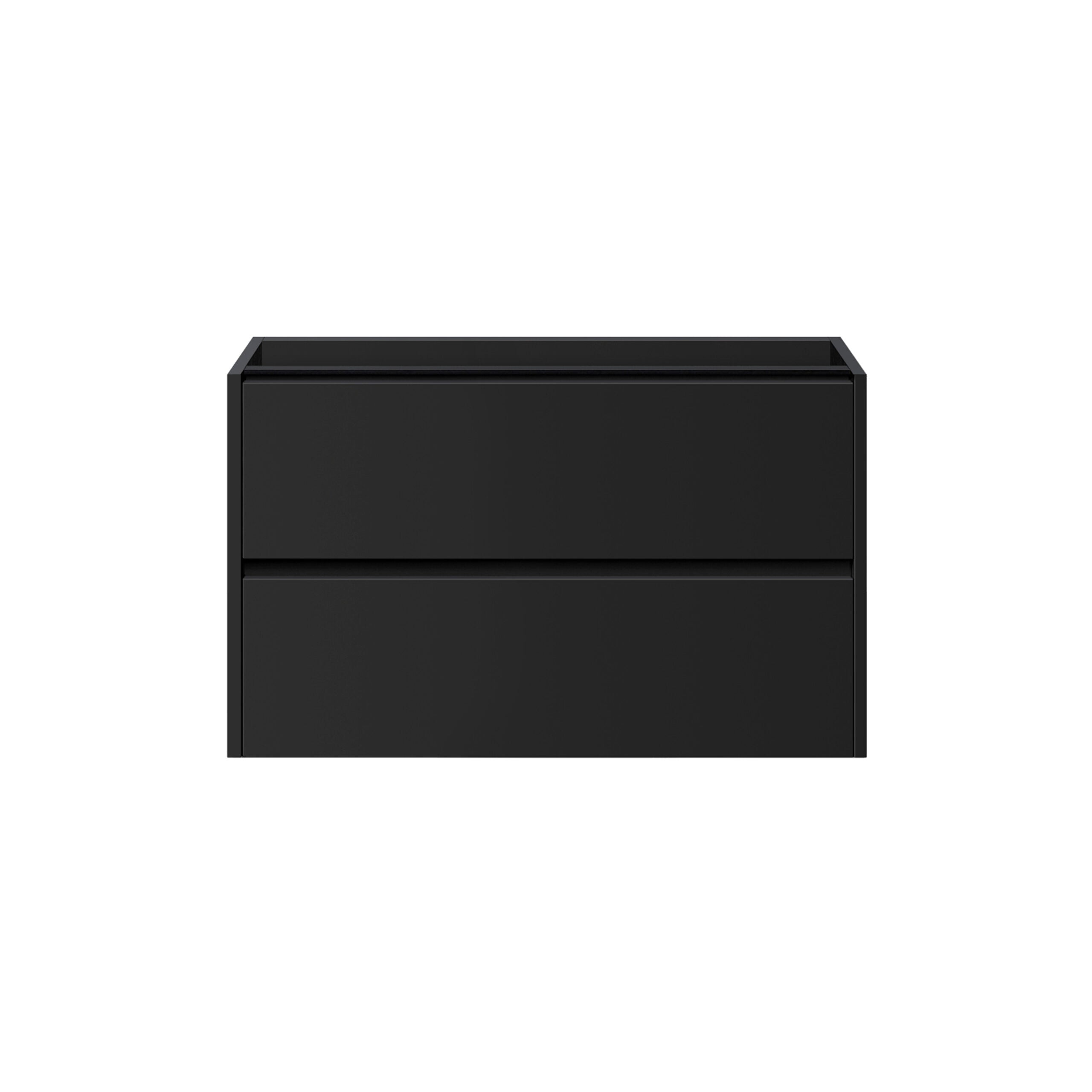 zwart badkamermeubel met twee greeploze lades, geschikt voor dubbele wastafel.