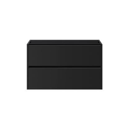 zwart badkamermeubel met twee greeploze lades, geschikt voor dubbele wastafel.