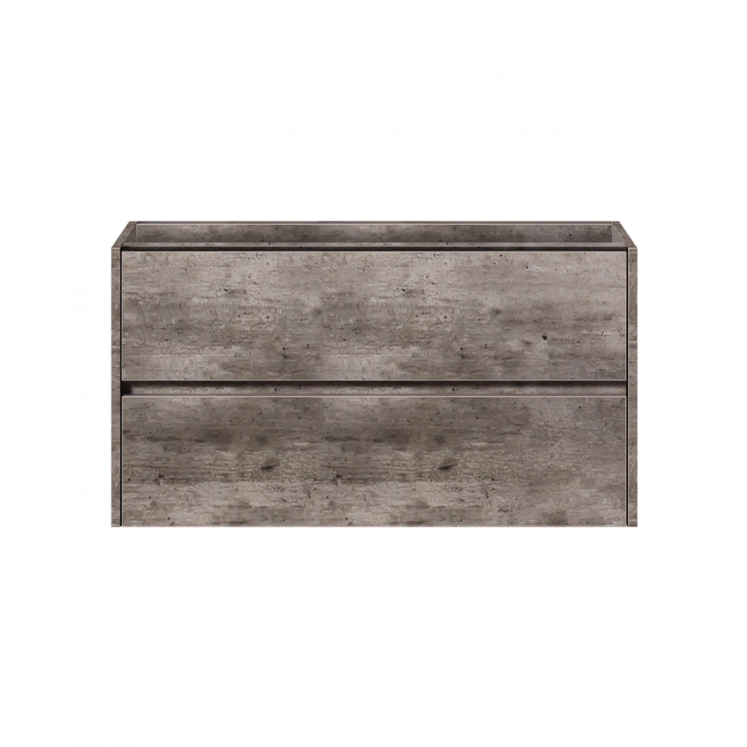 grijs badkamermeubel met twee greeploze lades, geschikt voor dubbele wastafel.