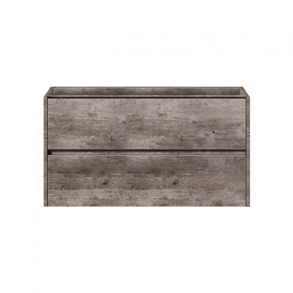 grijs badkamermeubel met twee greeploze lades, geschikt voor dubbele wastafel.