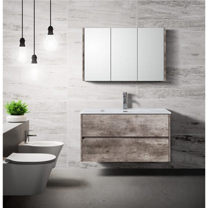 Stijlvolle badkamer met zwevend meubel, witte wastafel en spiegelkast tegen een lichte marmeren wand, met hangtoilet en moderne verlichting.