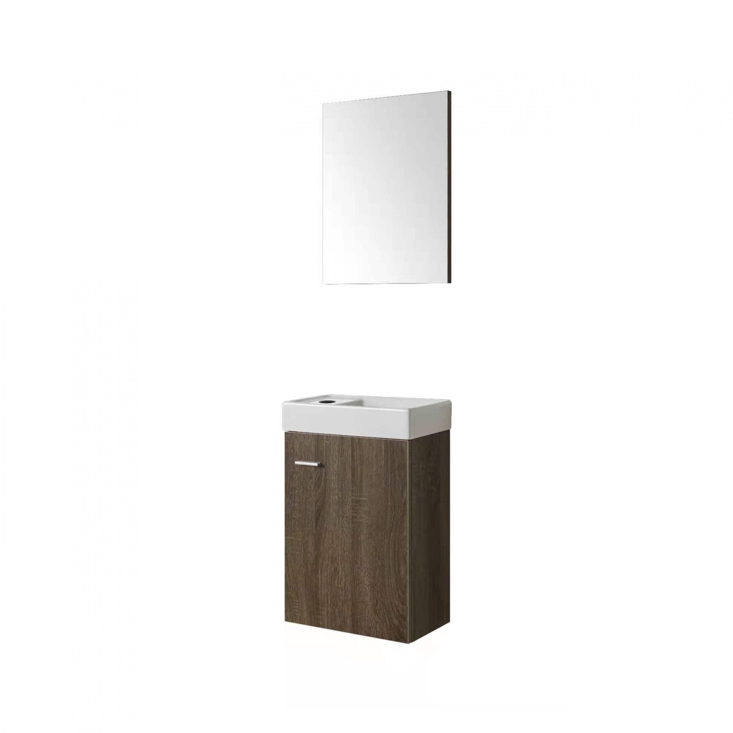 Compact houtlook fonteintje met onderkast en rechthoekige spiegel, ideaal voor gebruik in een toiletruimte of kleine badkamer.