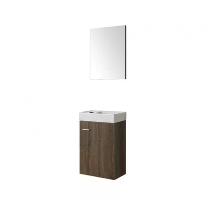 Compact houtlook fonteintje met onderkast en rechthoekige spiegel, ideaal voor gebruik in een toiletruimte of kleine badkamer.