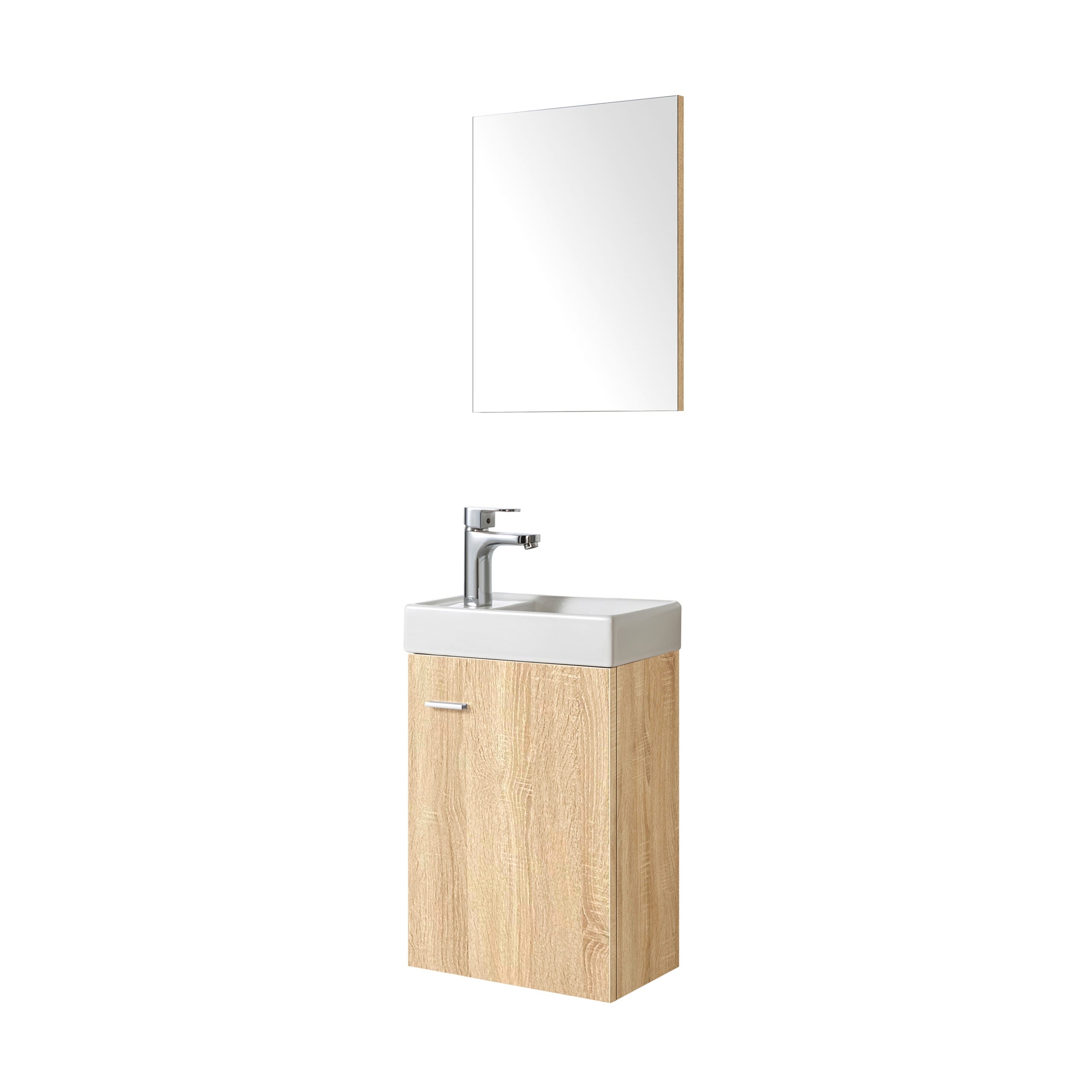 Compact licht houtlook fonteintje met onderkast en rechthoekige spiegel, ideaal voor gebruik in een toiletruimte of kleine badkamer.