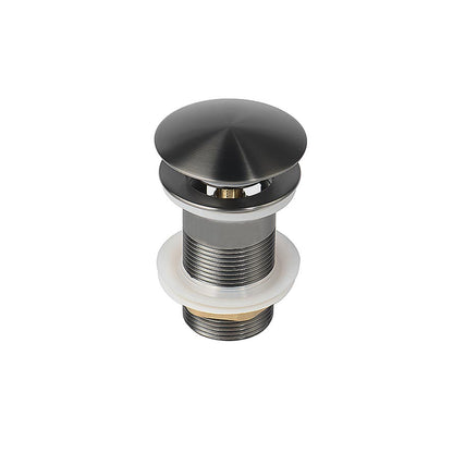 Metalen clickwaste afvoerplug met schroefdraad en afdichtring, geschikt voor wastafels en fonteinen.