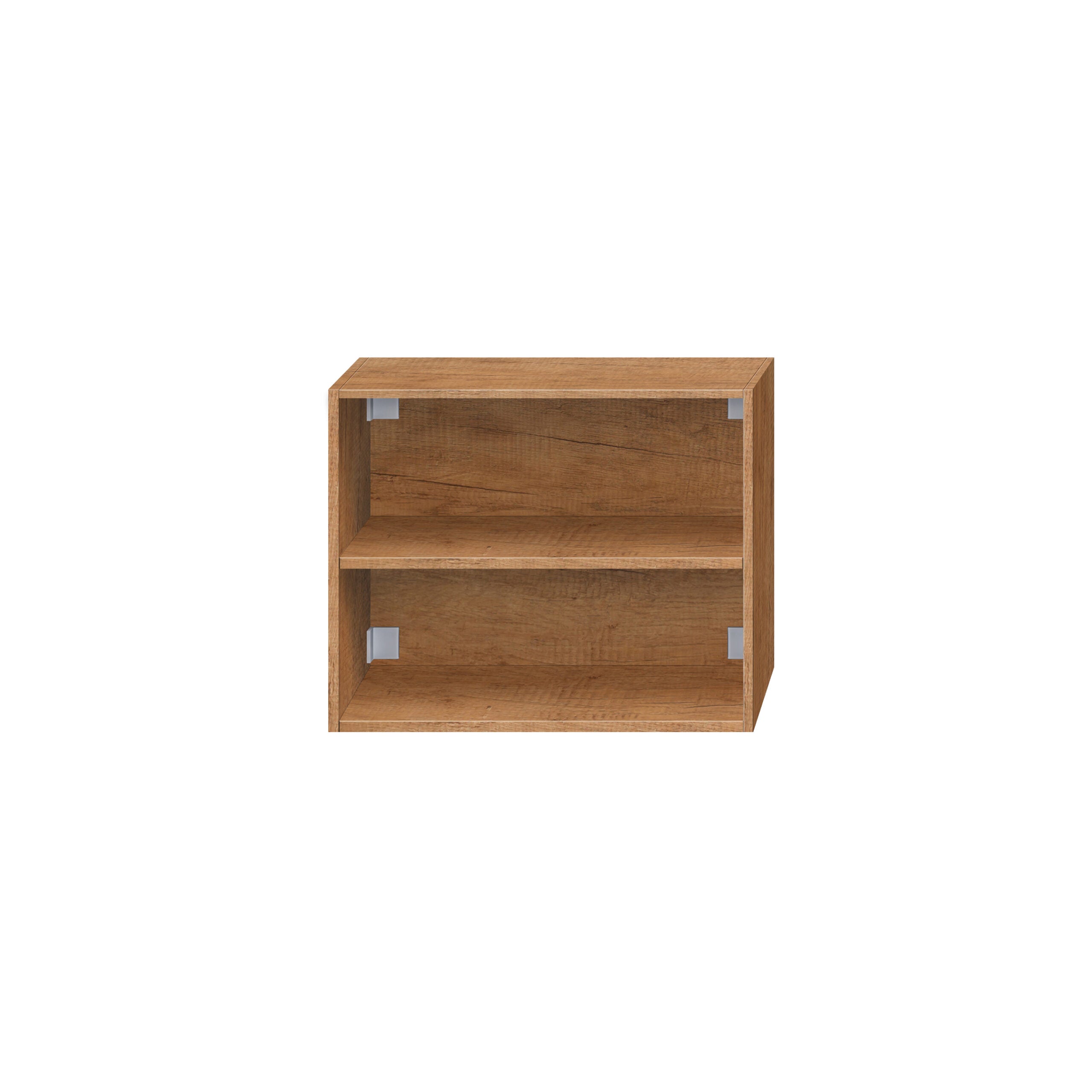 warm houtlook Open vak kast met twee open planken voor extra opbergruimte in de badkamer.