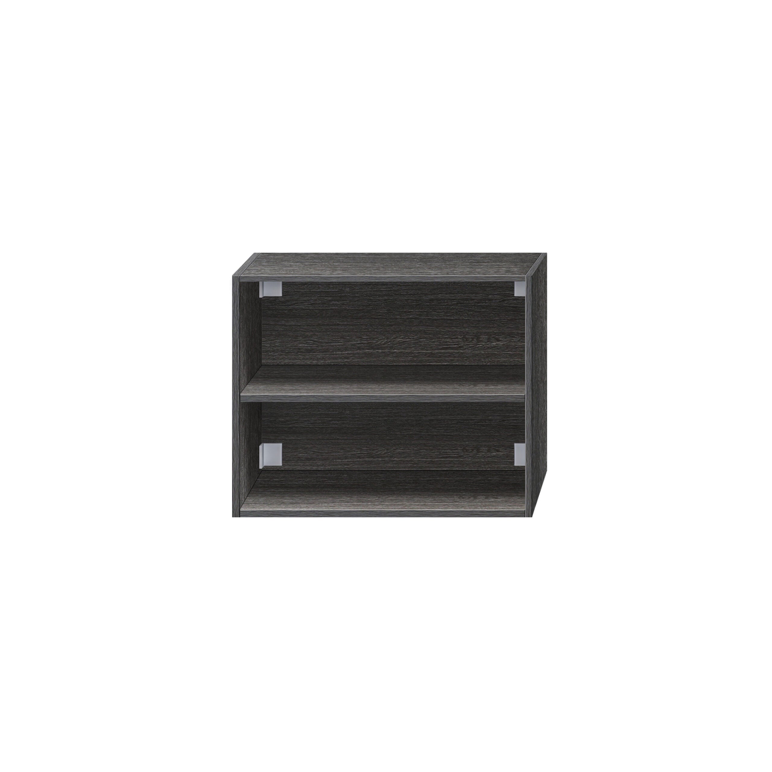 zwart houtlook open vak kast met twee open planken voor extra opbergruimte in de badkamer.