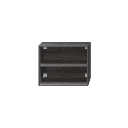 zwart houtlook open vak kast met twee open planken voor extra opbergruimte in de badkamer.