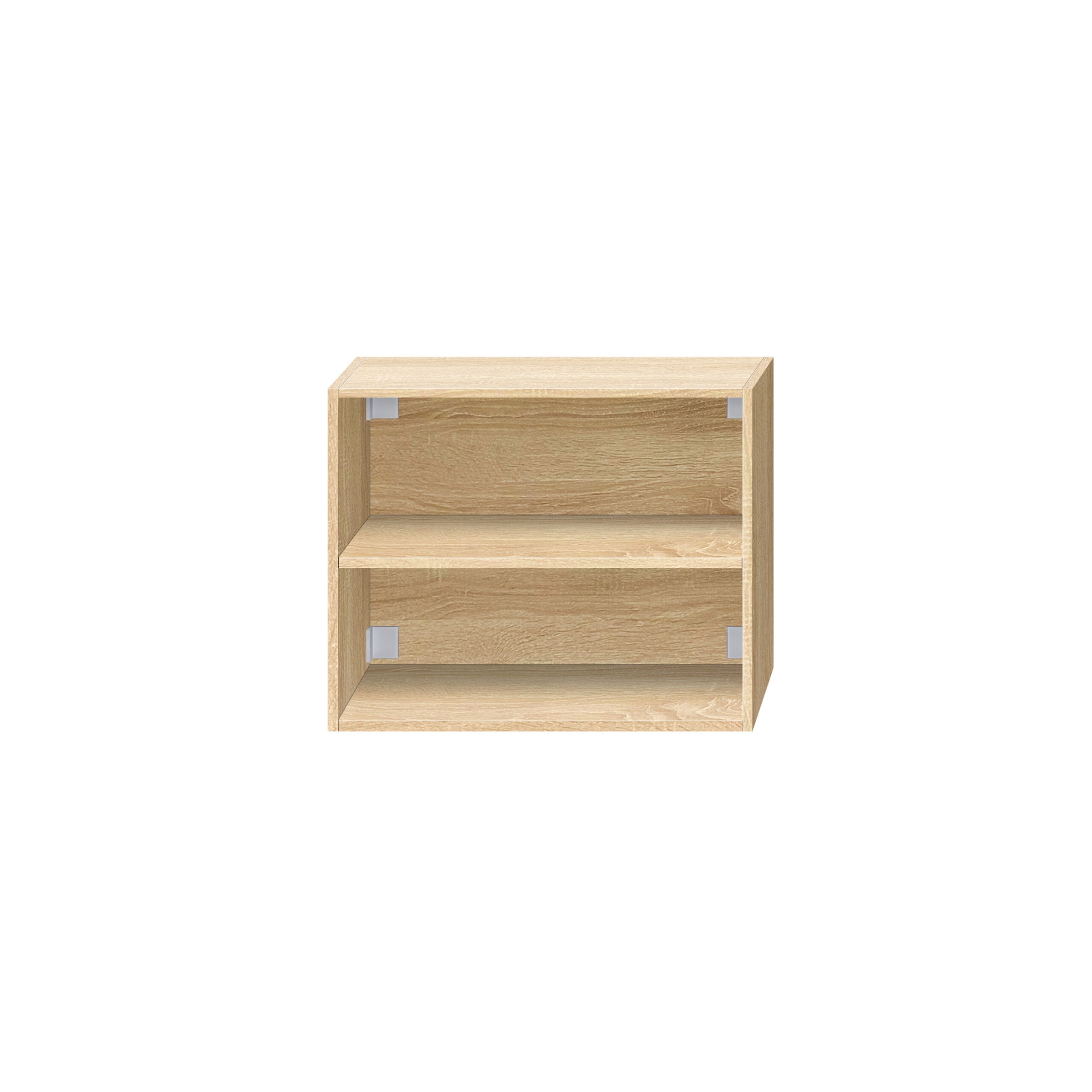 licht houtlook Open vak kast met twee open planken voor extra opbergruimte in de badkamer.