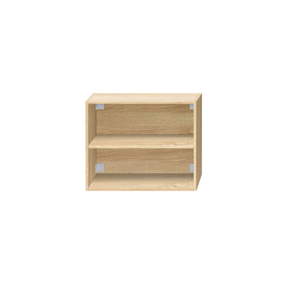 licht houtlook Open vak kast met twee open planken voor extra opbergruimte in de badkamer.