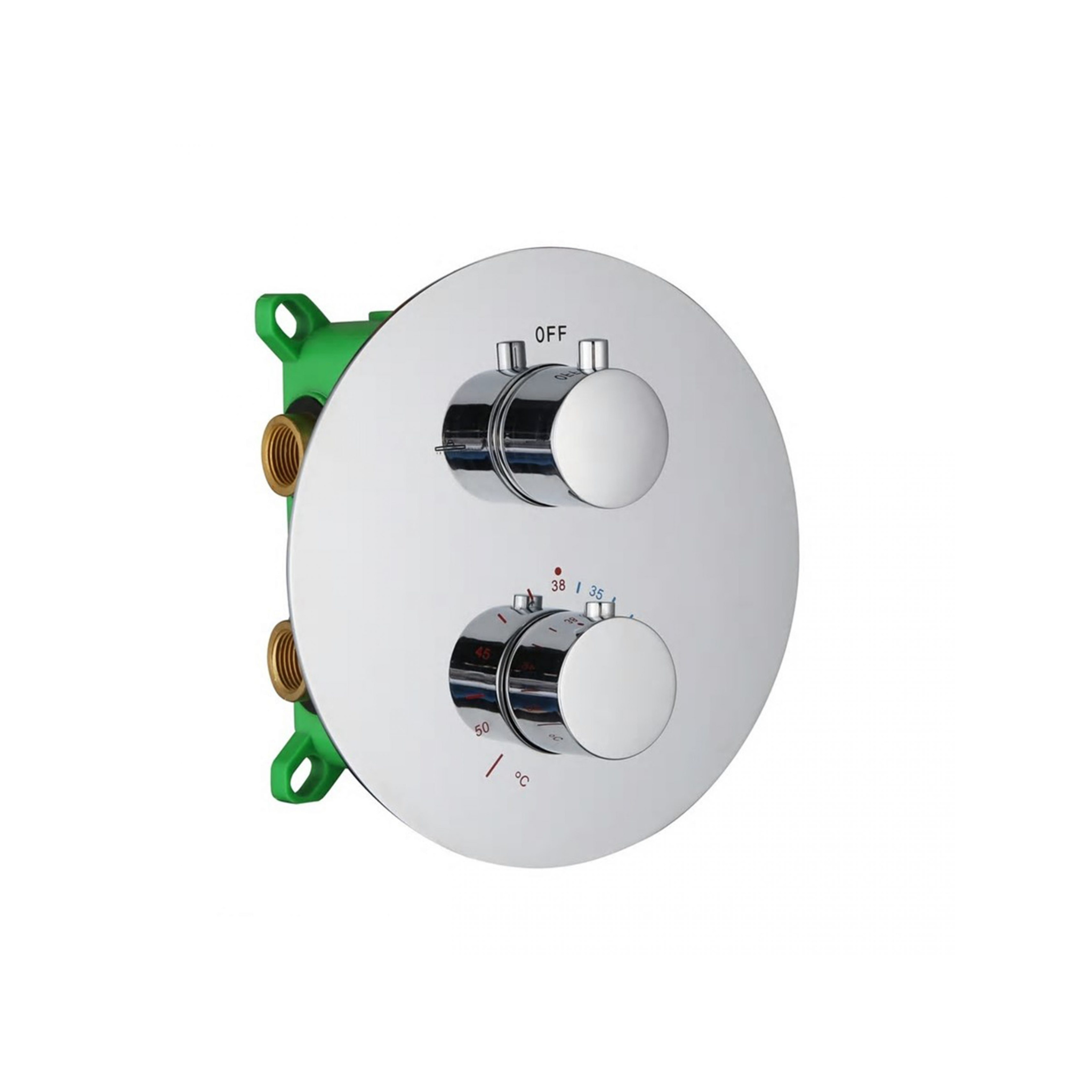 Ronde chroomkleurige inbouw thermostaatkraan met twee draaiknoppen voor temperatuur- en waterregeling.