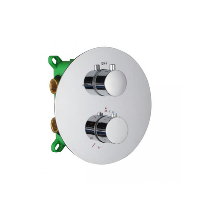 Ronde chroomkleurige inbouw thermostaatkraan met twee draaiknoppen voor temperatuur- en waterregeling.