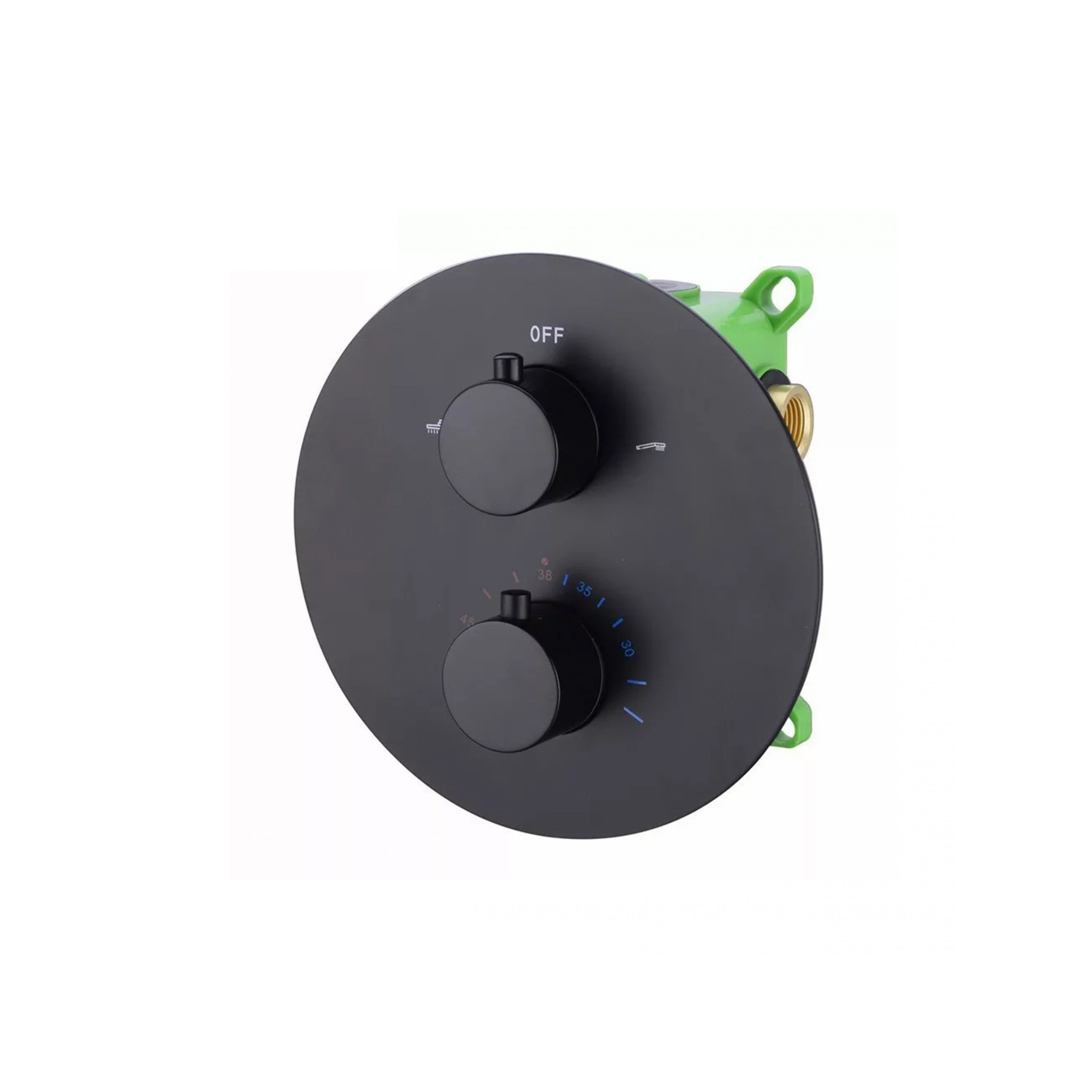 Ronde zwarte inbouw thermostaatkraan met twee draaiknoppen voor temperatuur- en waterregeling.