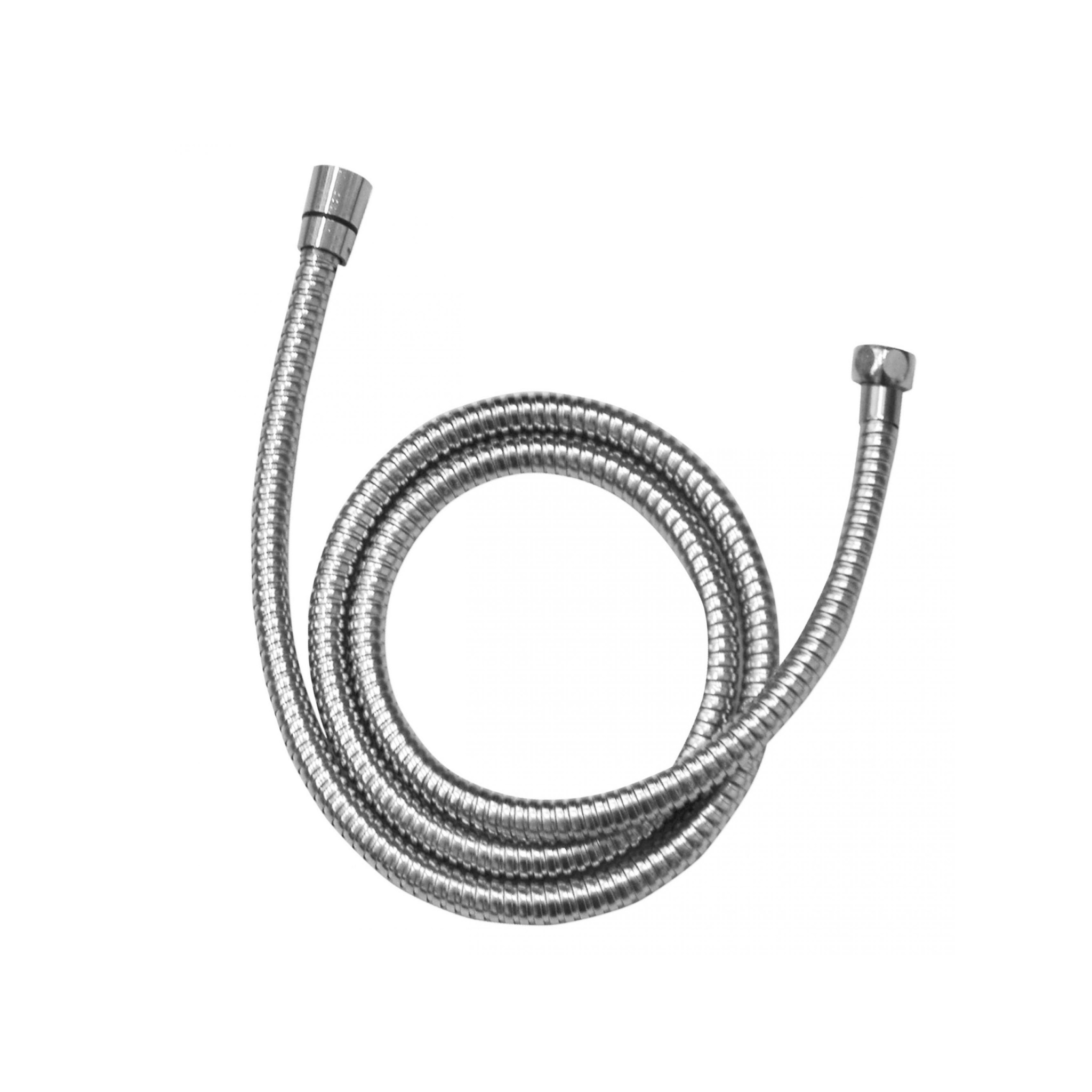 Flexibele metalen doucheslang in zilverkleur, opgerold en voorzien van schroefkoppelingen aan beide uiteinden.