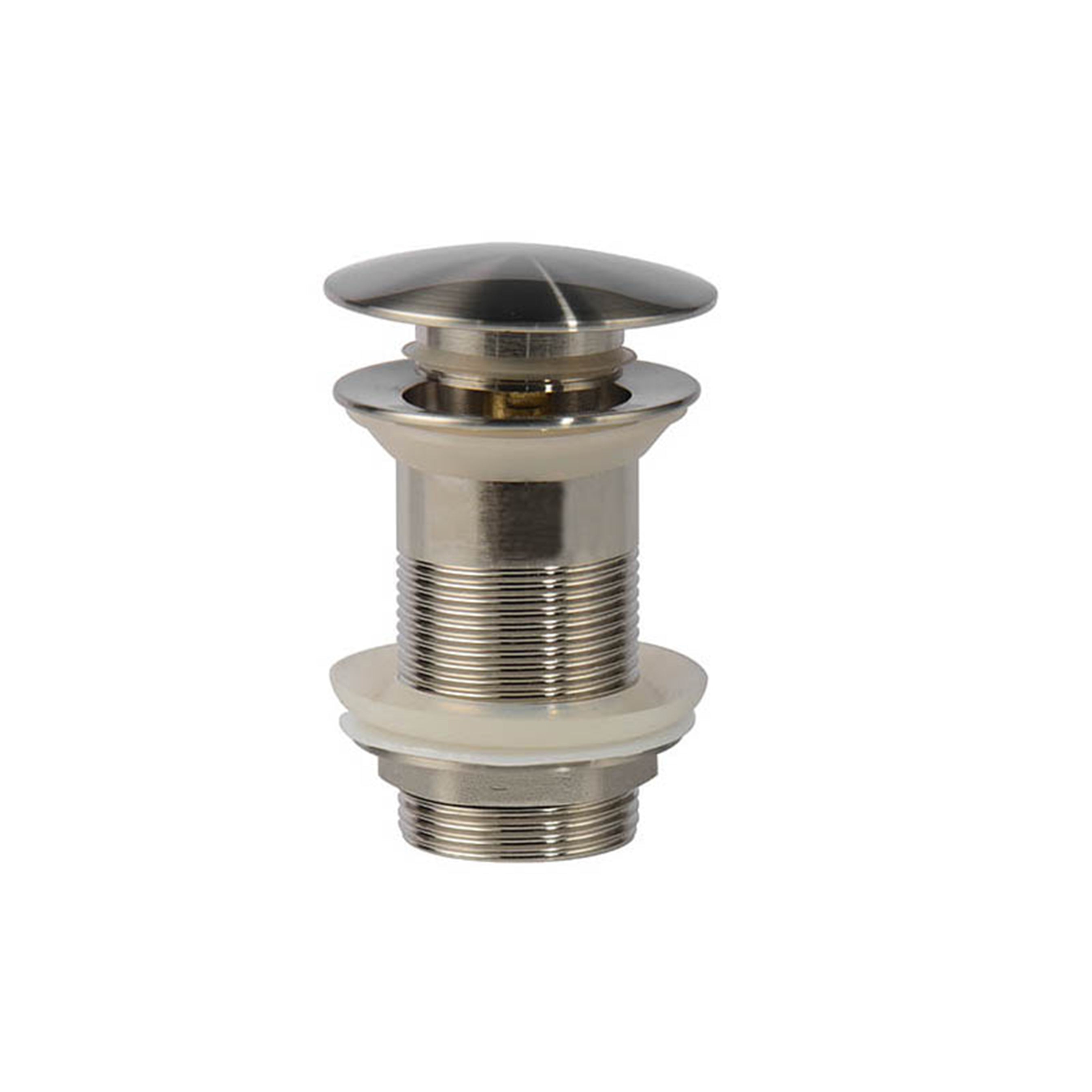 RVS clickwaste afvoerplug met schroefdraad en afdichtring, geschikt voor wastafels en fonteinen.
