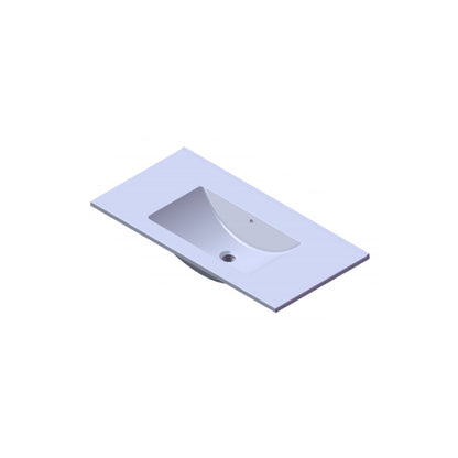 Witte langwerpige wastafel met geïntegreerde waskom en kraangat, geschikt voor moderne en minimalistische badkamers.