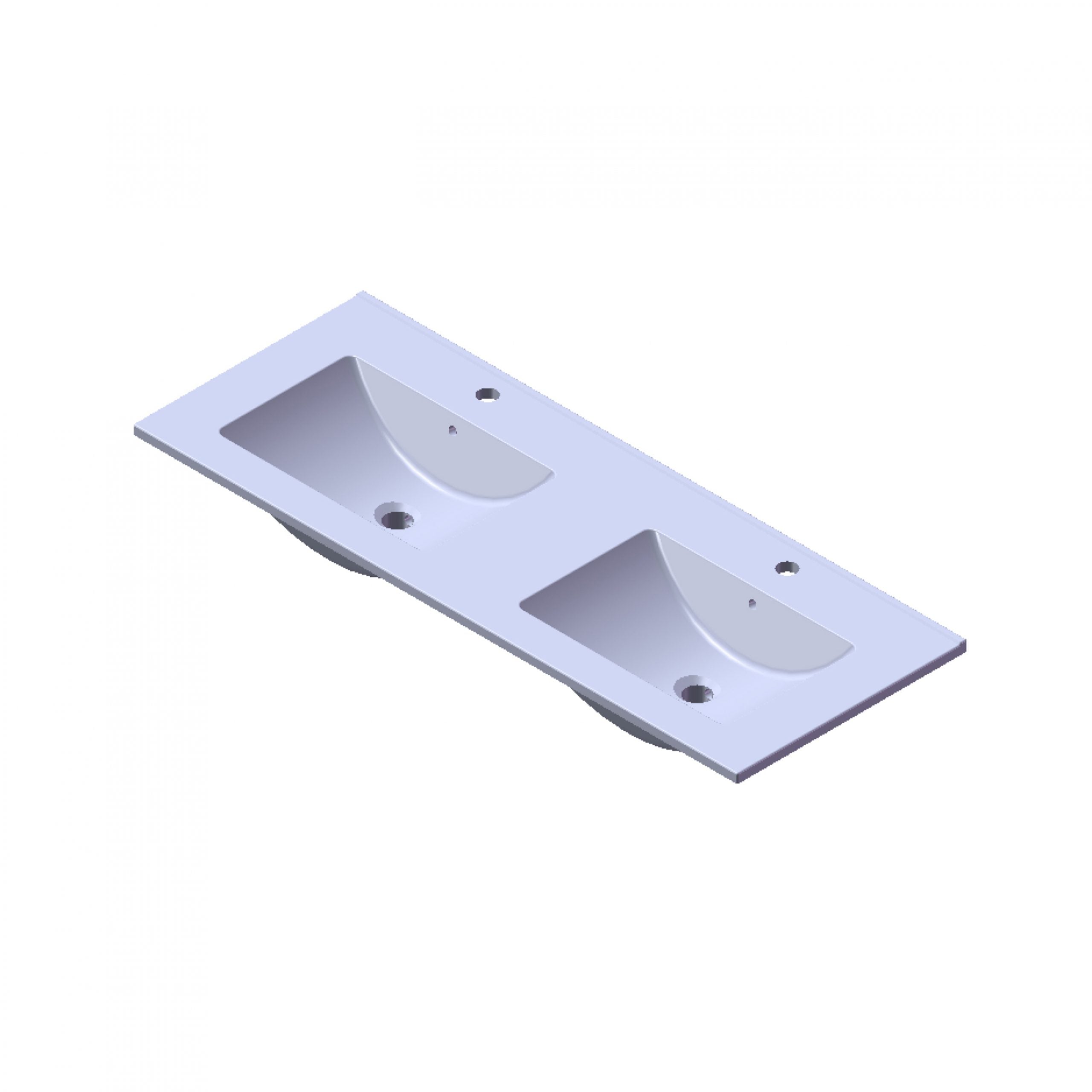 Witte dubbele wastafel met twee rechthoekige waskommen en kraangaten, geschikt voor plaatsing op een badkamermeubel.