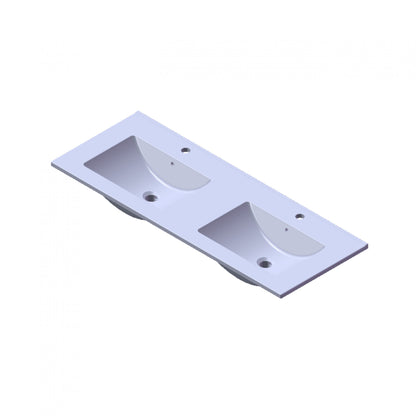 Witte dubbele wastafel met twee rechthoekige waskommen en kraangaten, geschikt voor plaatsing op een badkamermeubel.