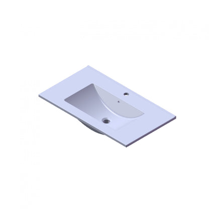 Witte enkele wastafel met rechthoekig design en kraangat, geschikt voor plaatsing op een badkamermeubel.