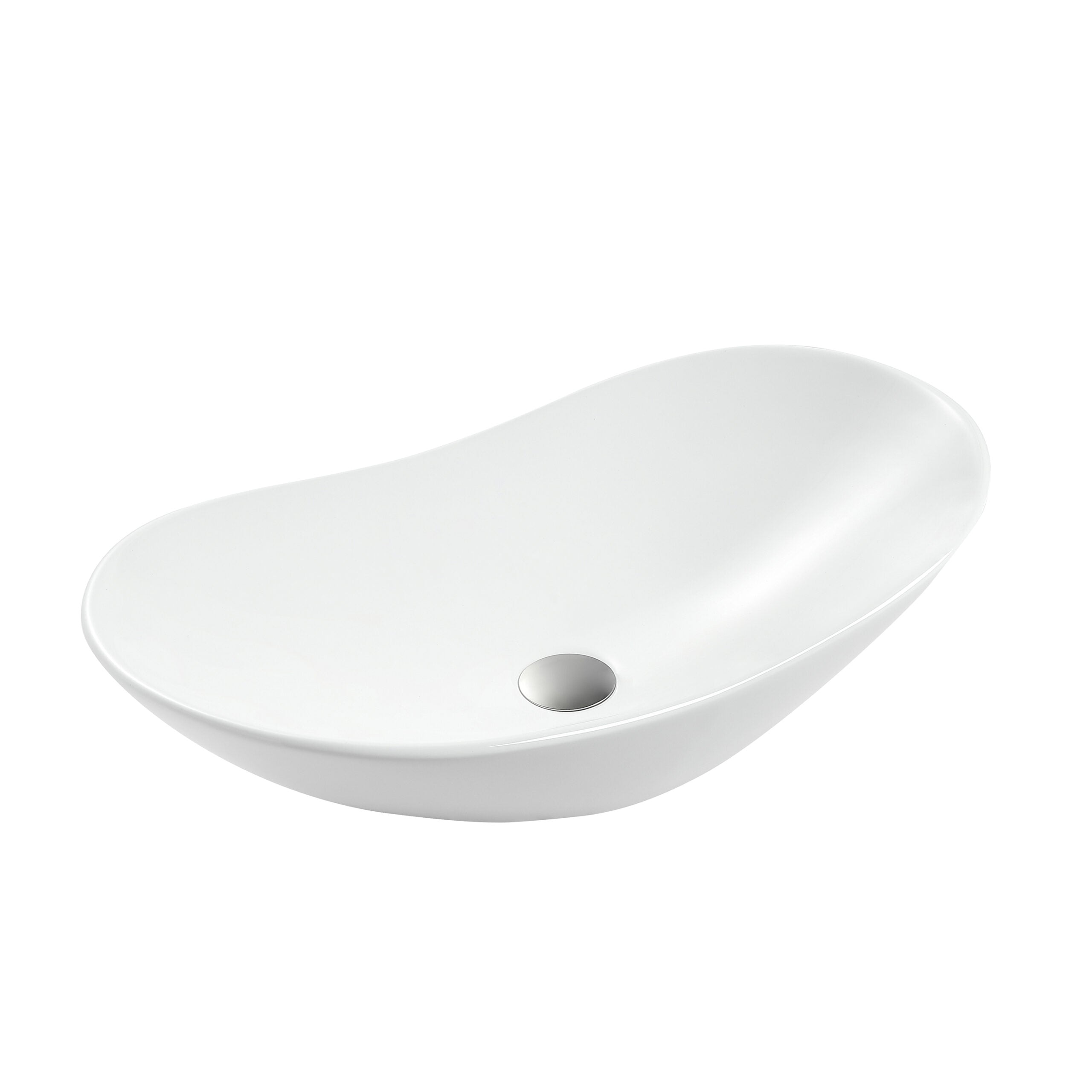 Witte waskom met organische, ovale vorm en gladde afwerking voor plaatsing op een wastafelblad.