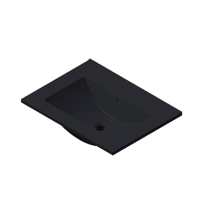 Zwarte rechthoekige wastafel met geïntegreerde waskom en kraangat, geschikt voor moderne badkamers.