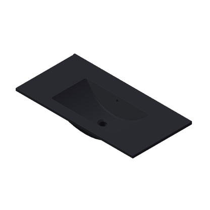 Zwarte rechthoekige wastafel met geïntegreerde waskom en kraangat, geschikt voor moderne badkamers.