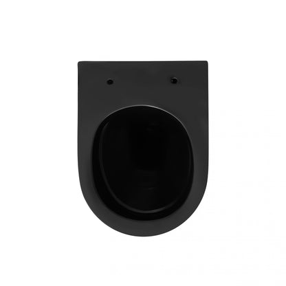 Zwarte wandcloset toiletpot met ronde vorm en moderne afwerking, zonder zitting.